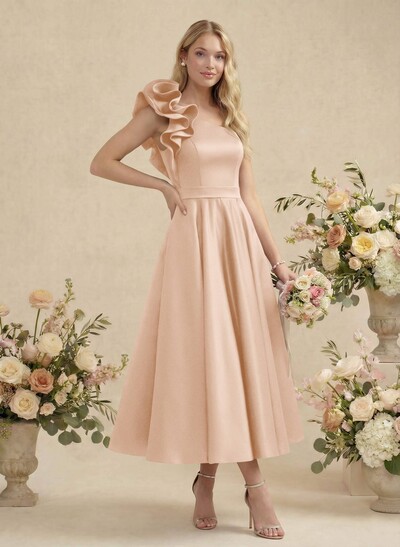 A-Line One-Shoulder Sleeveless Satin Bridesmaid Dresses With Ruffle