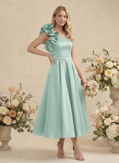A-Line One-Shoulder Sleeveless Satin Bridesmaid Dresses With Ruffle