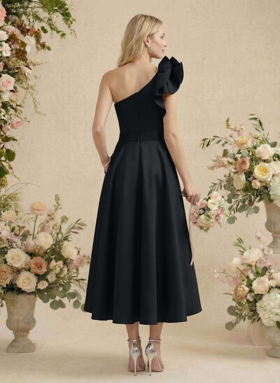A-Line One-Shoulder Sleeveless Satin Bridesmaid Dresses With Ruffle