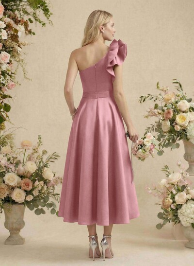 A-Line One-Shoulder Sleeveless Satin Bridesmaid Dresses With Ruffle