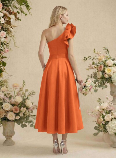 A-Line One-Shoulder Sleeveless Satin Bridesmaid Dresses With Ruffle