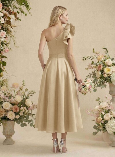 A-Line One-Shoulder Sleeveless Satin Bridesmaid Dresses With Ruffle