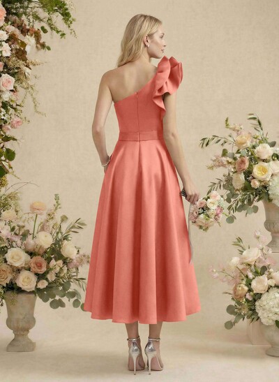 A-Line One-Shoulder Sleeveless Satin Bridesmaid Dresses With Ruffle