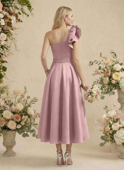 A-Line One-Shoulder Sleeveless Satin Bridesmaid Dresses With Ruffle