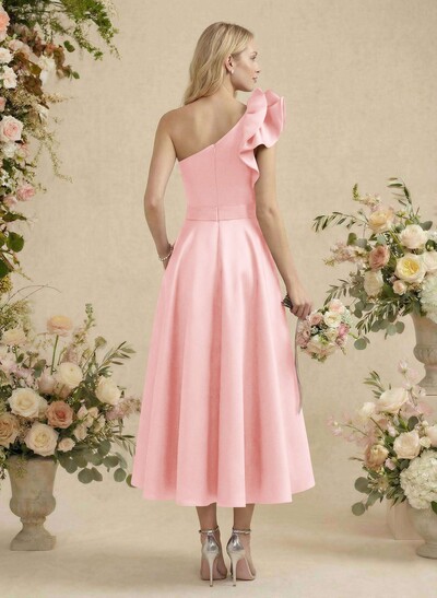 A-Line One-Shoulder Sleeveless Satin Bridesmaid Dresses With Ruffle