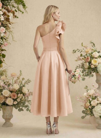 A-Line One-Shoulder Sleeveless Satin Bridesmaid Dresses With Ruffle
