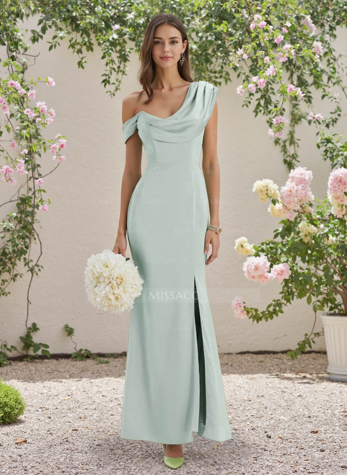 Sheath/Column Cowl Neck Sleeveless Silk Like Satin Bridesmaid Dresses