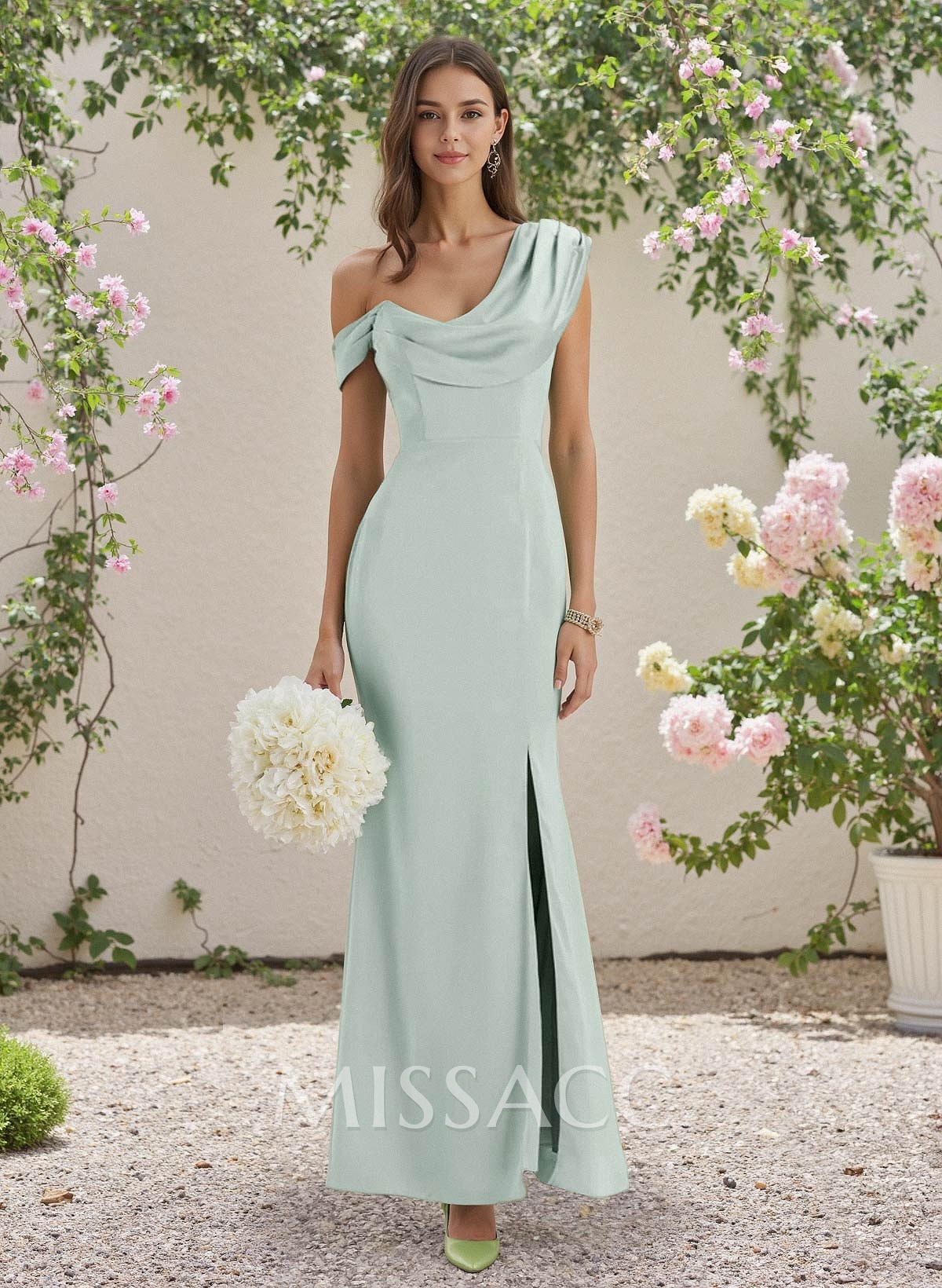 Sheath/Column Cowl Neck Sleeveless Silk Like Satin Bridesmaid Dresses