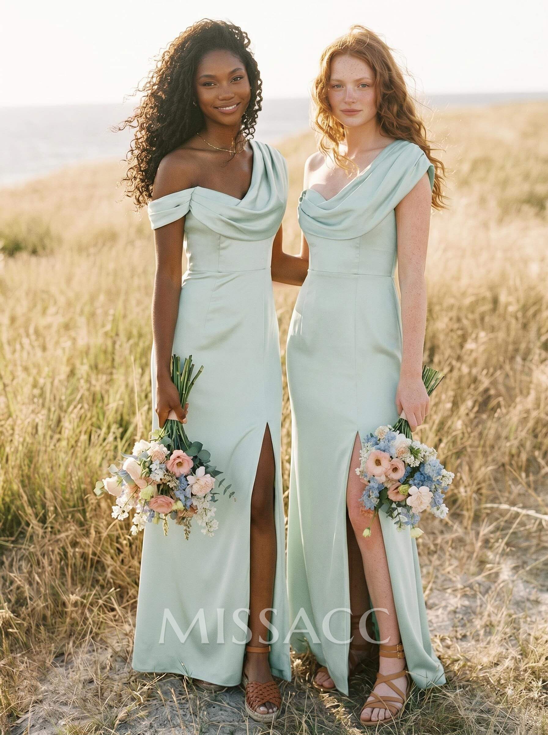 Sheath/Column Cowl Neck Sleeveless Silk Like Satin Bridesmaid Dresses