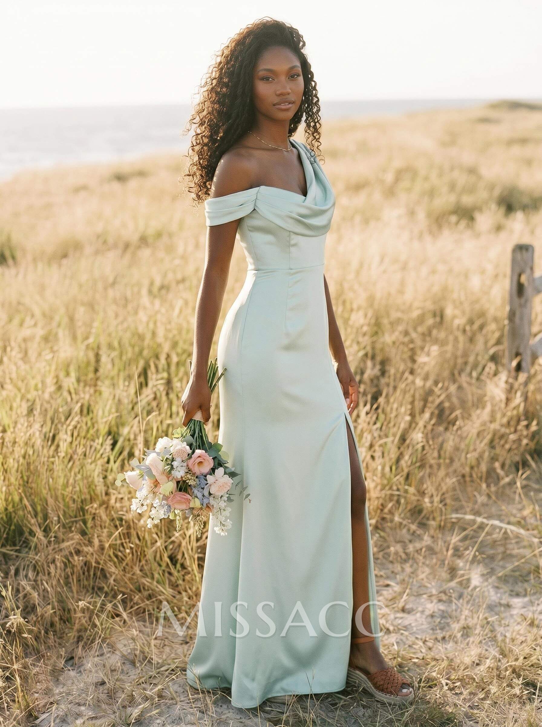 Sheath/Column Cowl Neck Sleeveless Silk Like Satin Bridesmaid Dresses