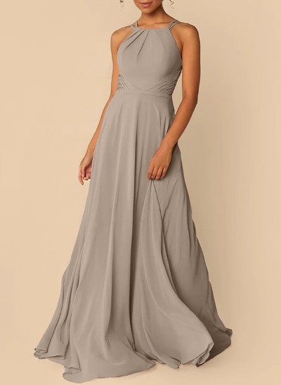 A-Line Halter Sleeveless Floor-Length Chiffon Bridesmaid Dresses