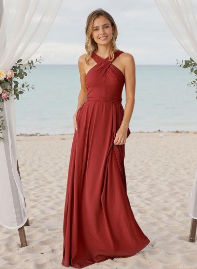 A-Line Halter Sleeveless Floor-Length Chiffon Bridesmaid Dresses