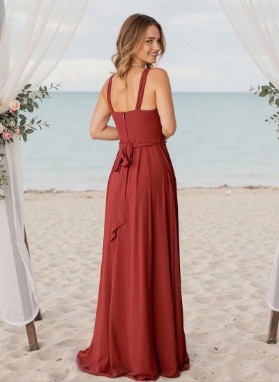 A-Line Halter Sleeveless Floor-Length Chiffon Bridesmaid Dresses