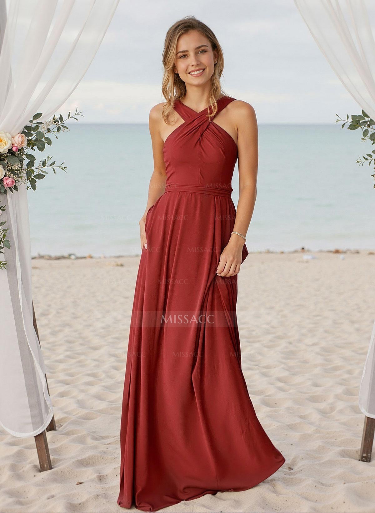 A-Line Halter Sleeveless Floor-Length Chiffon Bridesmaid Dresses