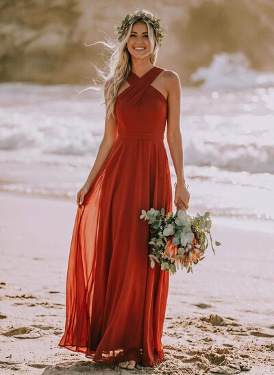 A-Line Halter Sleeveless Floor-Length Chiffon Bridesmaid Dresses