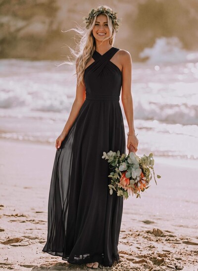 A-Line Halter Sleeveless Floor-Length Chiffon Bridesmaid Dresses