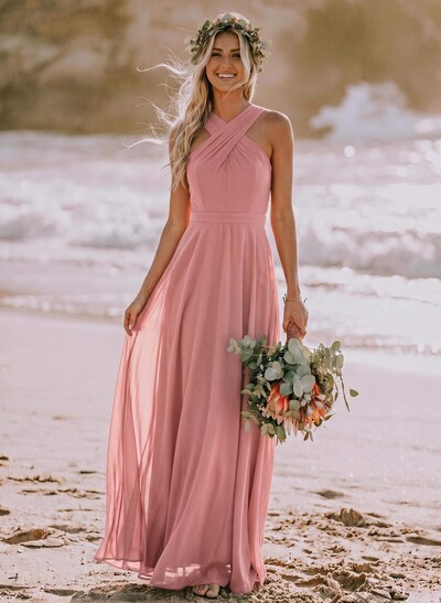 A-Line Halter Sleeveless Floor-Length Chiffon Bridesmaid Dresses