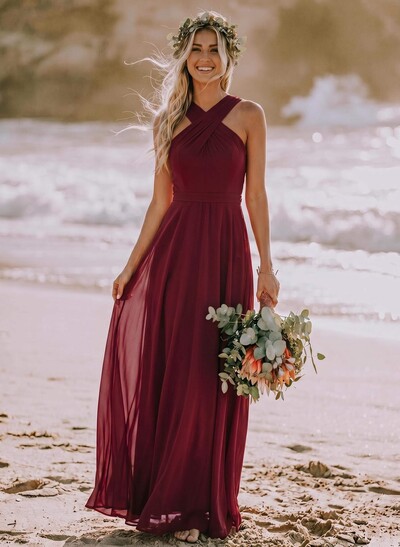 A-Line Halter Sleeveless Floor-Length Chiffon Bridesmaid Dresses