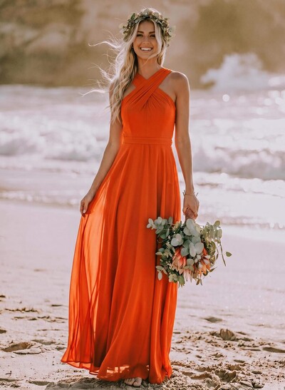 A-Line Halter Sleeveless Floor-Length Chiffon Bridesmaid Dresses