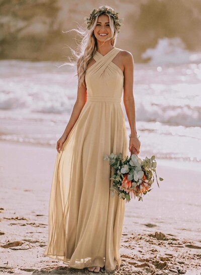 A-Line Halter Sleeveless Floor-Length Chiffon Bridesmaid Dresses