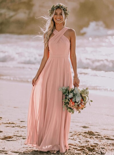 A-Line Halter Sleeveless Floor-Length Chiffon Bridesmaid Dresses