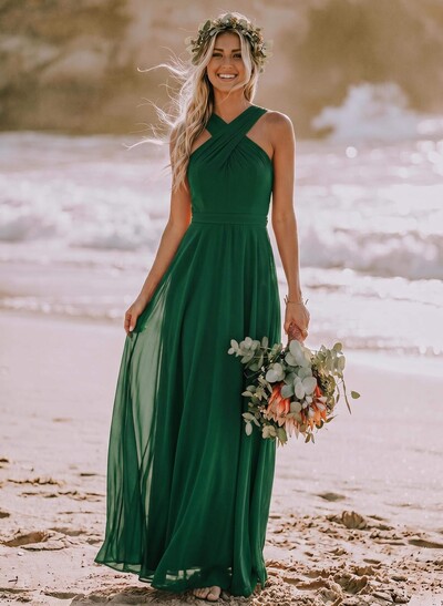 A-Line Halter Sleeveless Floor-Length Chiffon Bridesmaid Dresses