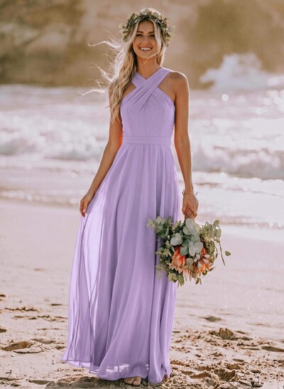A-Line Halter Sleeveless Floor-Length Chiffon Bridesmaid Dresses