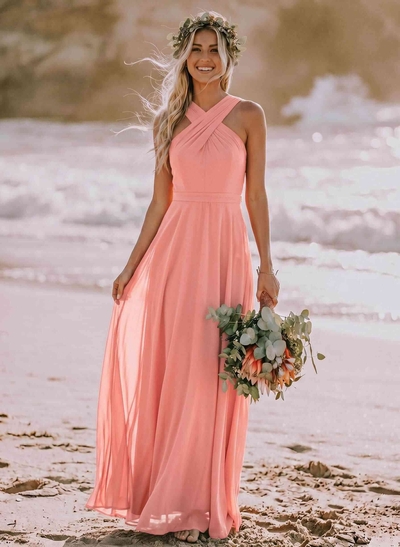 A-Line Halter Sleeveless Floor-Length Chiffon Bridesmaid Dresses