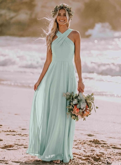 A-Line Halter Sleeveless Floor-Length Chiffon Bridesmaid Dresses
