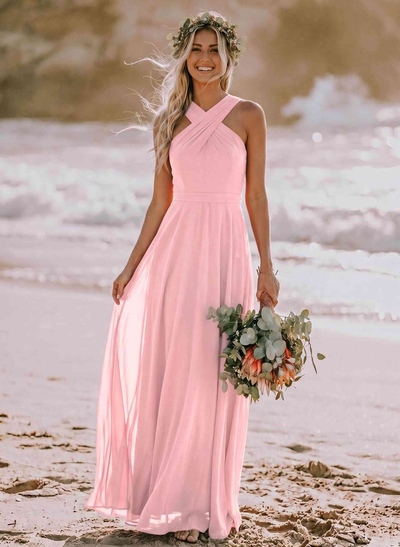 A-Line Halter Sleeveless Floor-Length Chiffon Bridesmaid Dresses