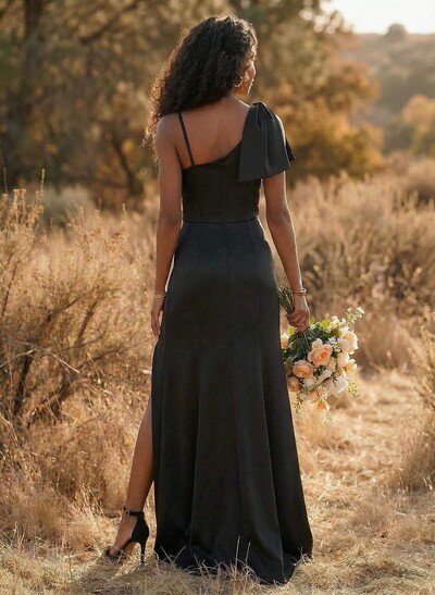 Sheath/Column Asymmetrical Matte Satin Bridesmaid Dresses With Split Front/Bow(s)