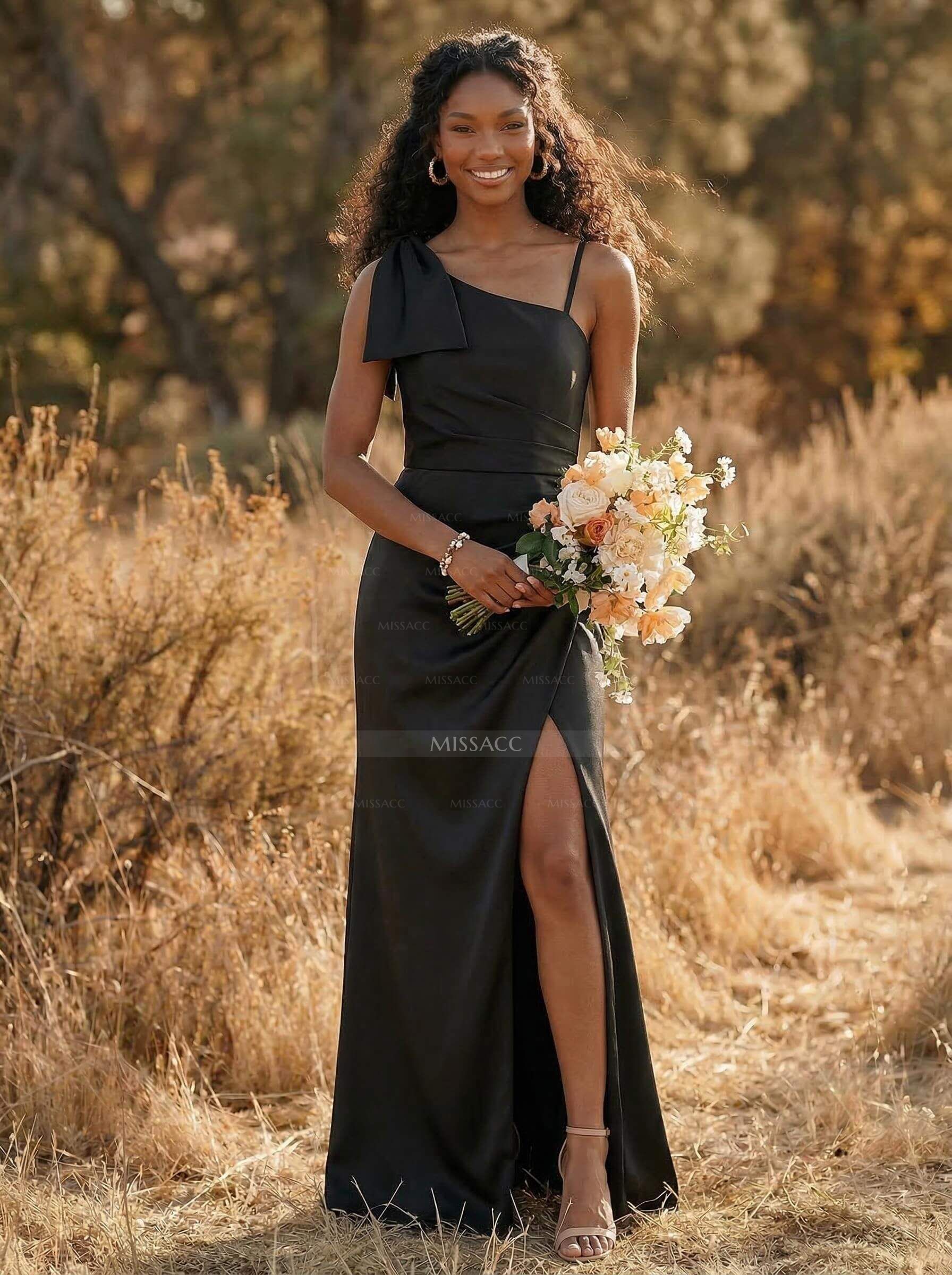 Sheath/Column Asymmetrical Matte Satin Bridesmaid Dresses With Split Front/Bow(s)