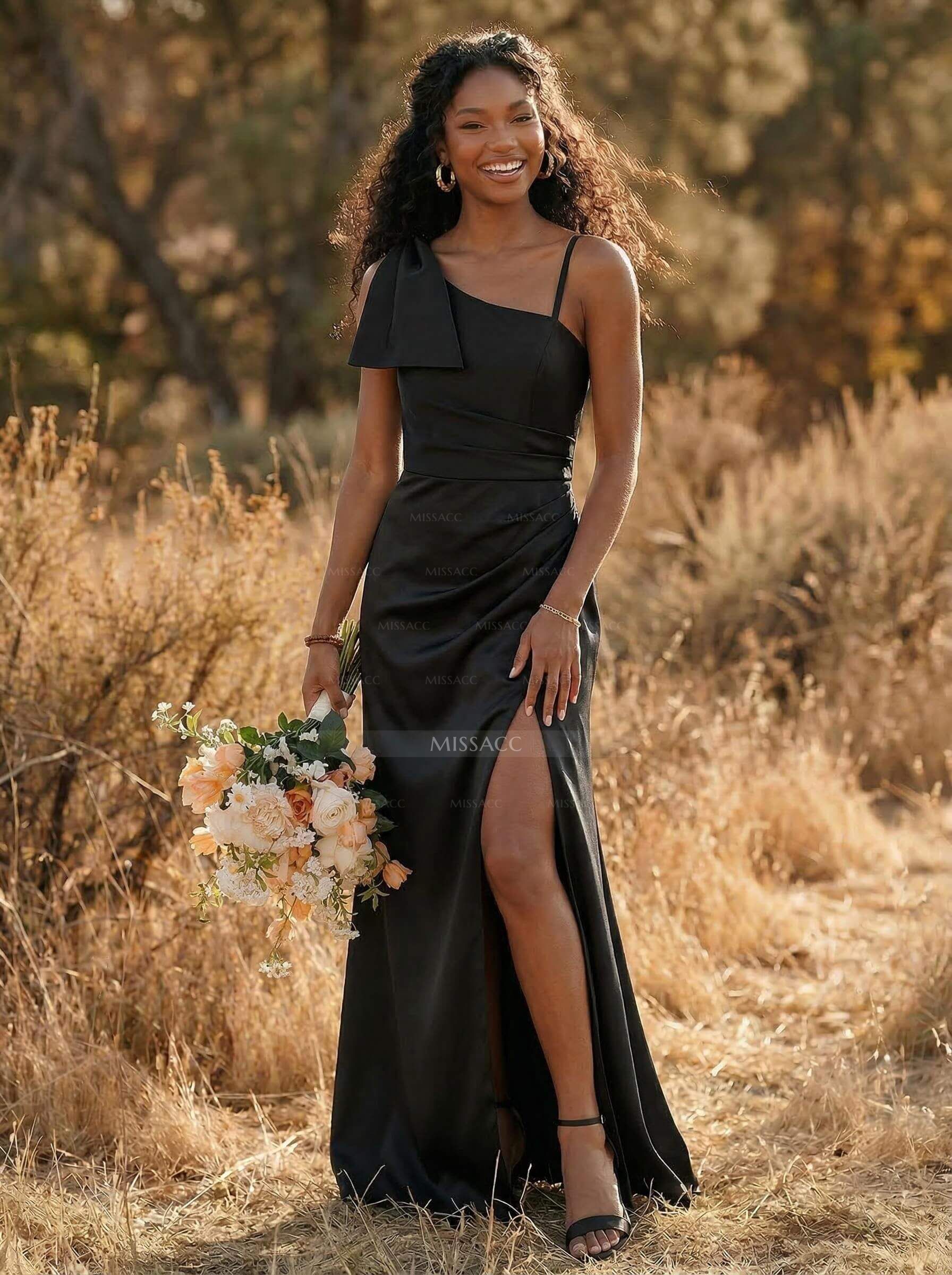 Sheath/Column Asymmetrical Matte Satin Bridesmaid Dresses With Split Front/Bow(s)