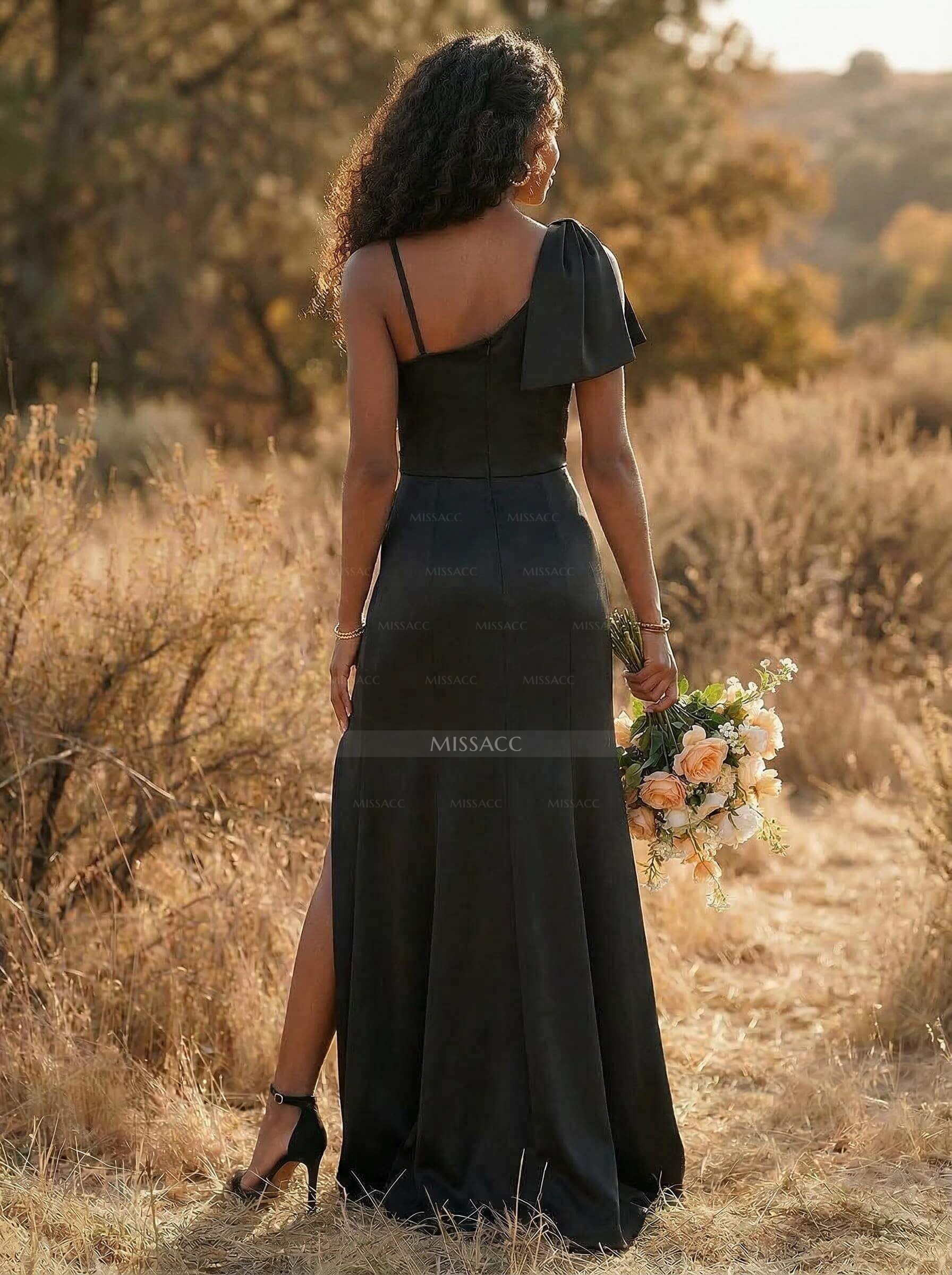 Sheath/Column Asymmetrical Matte Satin Bridesmaid Dresses With Split Front/Bow(s)