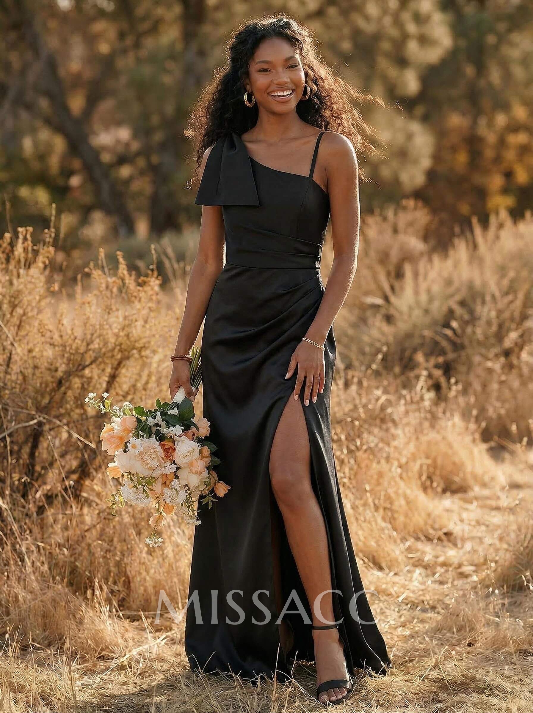 Sheath/Column Asymmetrical Matte Satin Bridesmaid Dresses With Split Front/Bow(s)