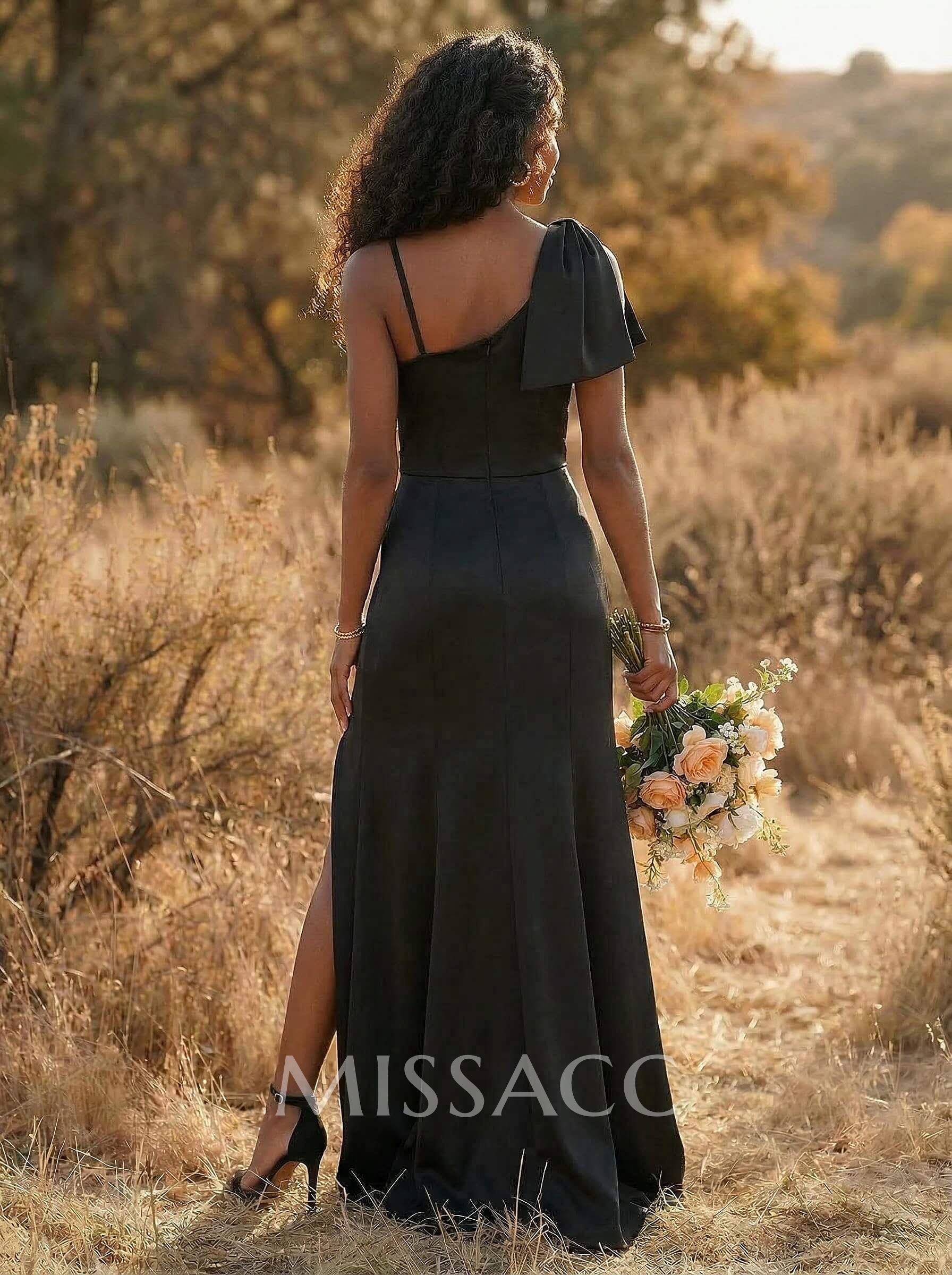 Sheath/Column Asymmetrical Matte Satin Bridesmaid Dresses With Split Front/Bow(s)