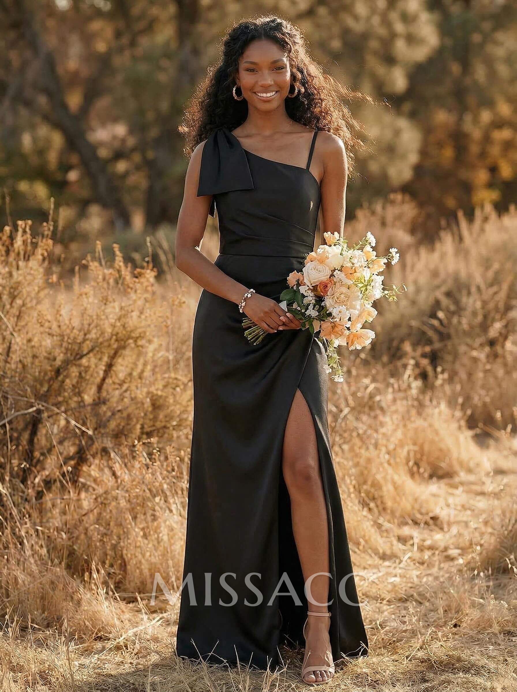 Sheath/Column Asymmetrical Matte Satin Bridesmaid Dresses With Split Front/Bow(s)