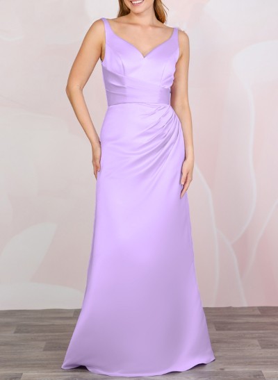 A-Line V-Neck Sleeveless Floor-Length Satin Bridesmaid Dresses With Bow(s)