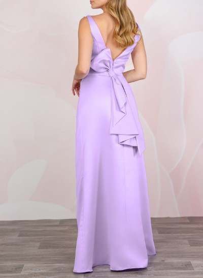 A-Line V-Neck Sleeveless Floor-Length Satin Bridesmaid Dresses With Bow(s)