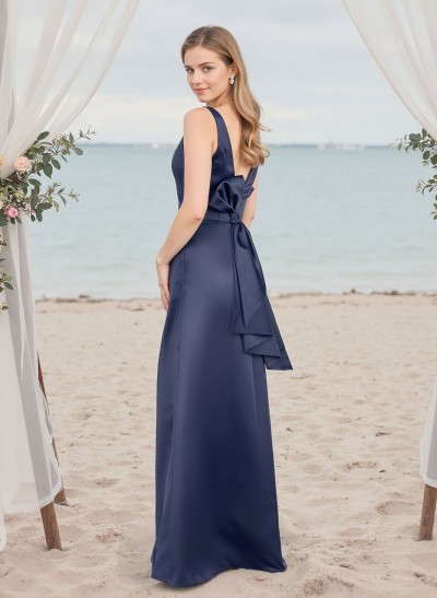 A-Line V-Neck Sleeveless Floor-Length Satin Bridesmaid Dresses With Bow(s)