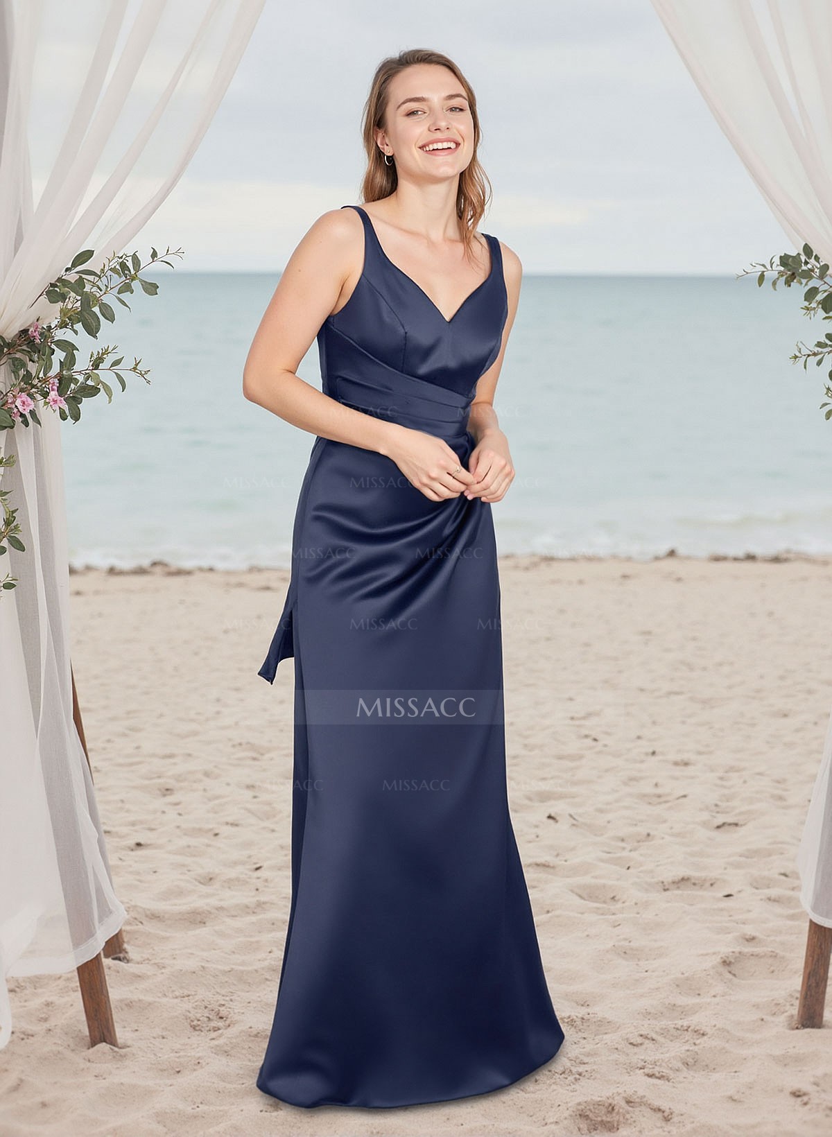 A-Line V-Neck Sleeveless Floor-Length Satin Bridesmaid Dresses With Bow(s)