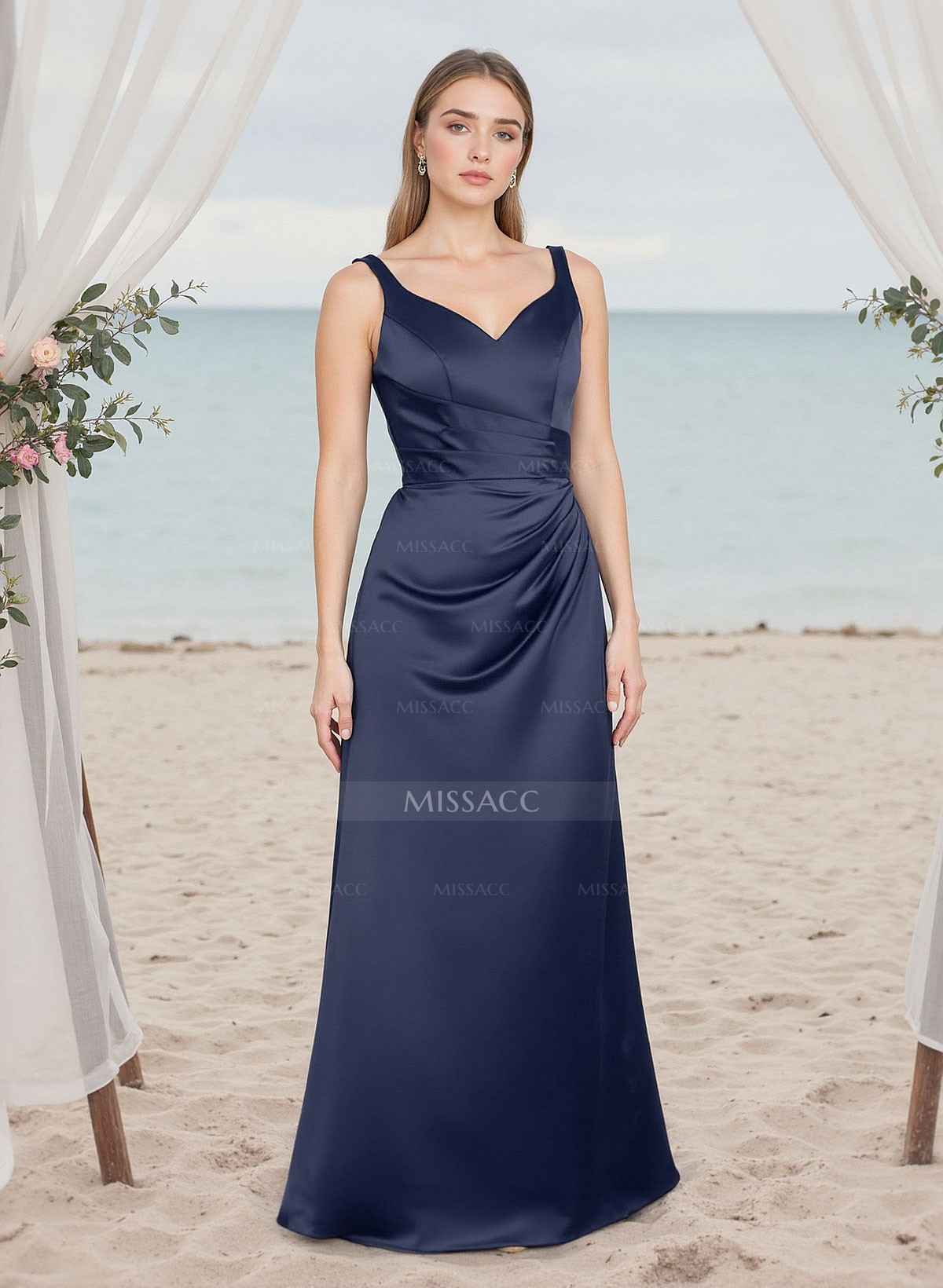 A-Line V-Neck Sleeveless Floor-Length Satin Bridesmaid Dresses With Bow(s)