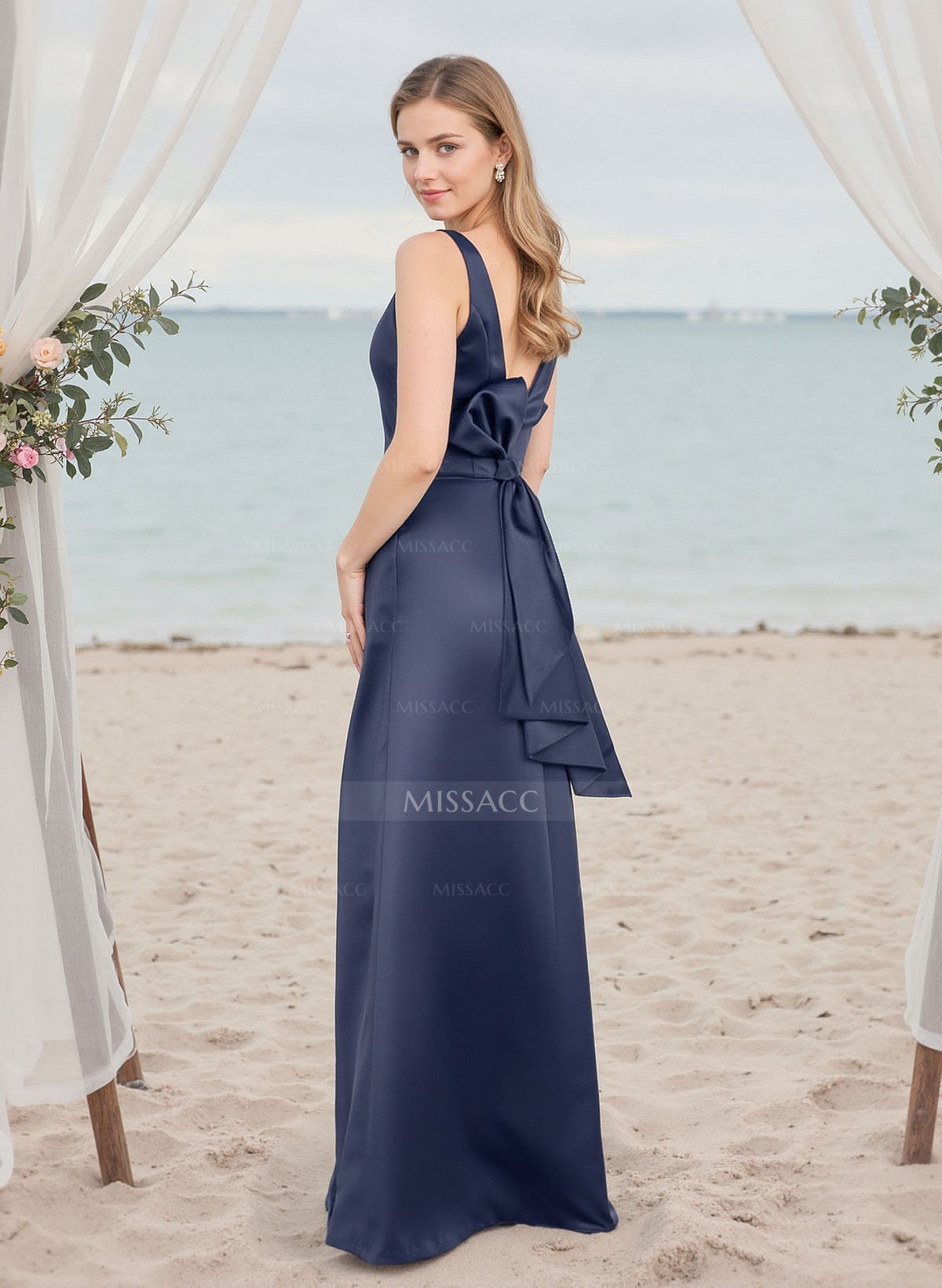 A-Line V-Neck Sleeveless Floor-Length Satin Bridesmaid Dresses With Bow(s)