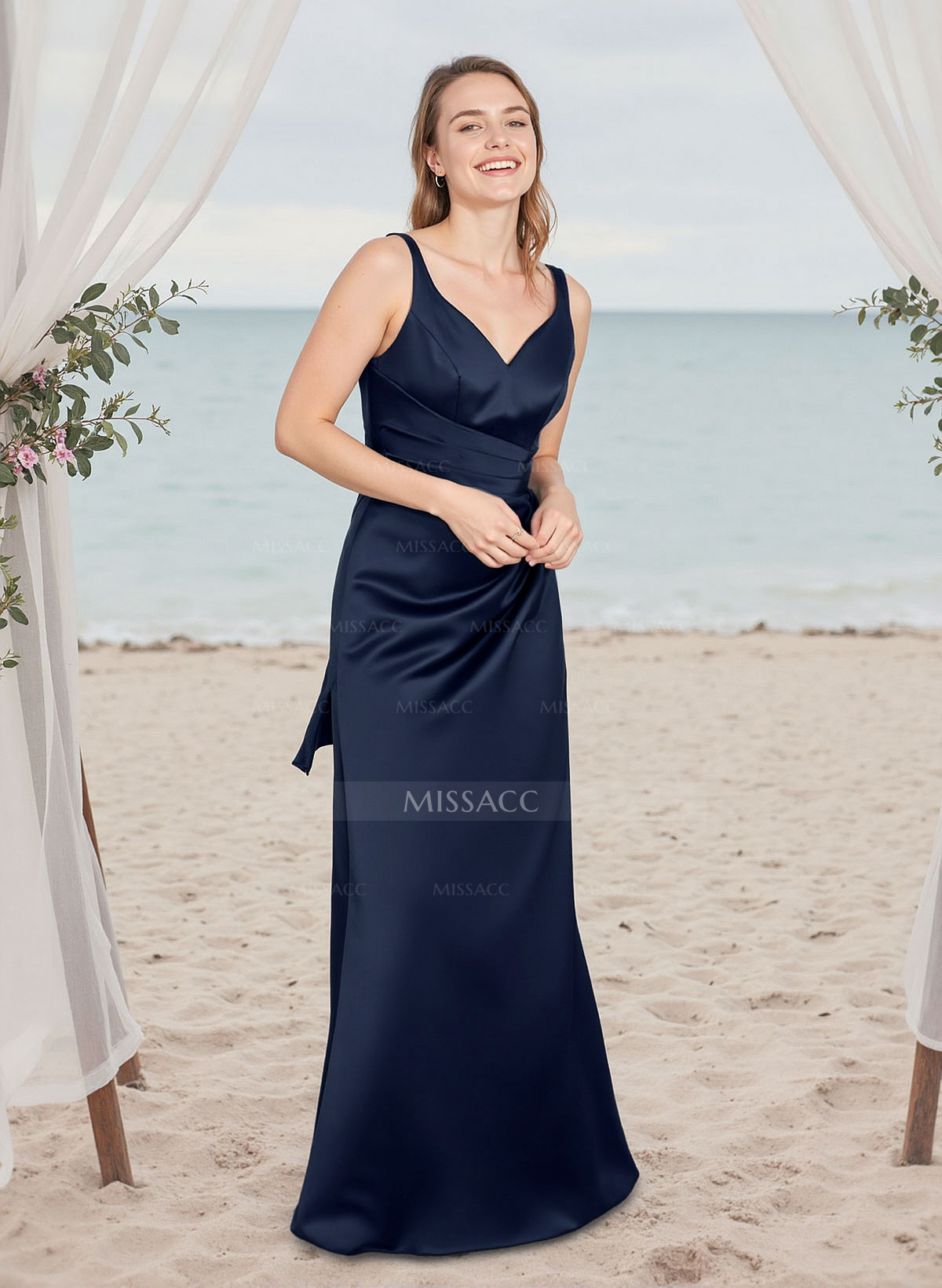 A-Line V-Neck Sleeveless Floor-Length Matte Satin Bridesmaid Dresses With Bow(s)
