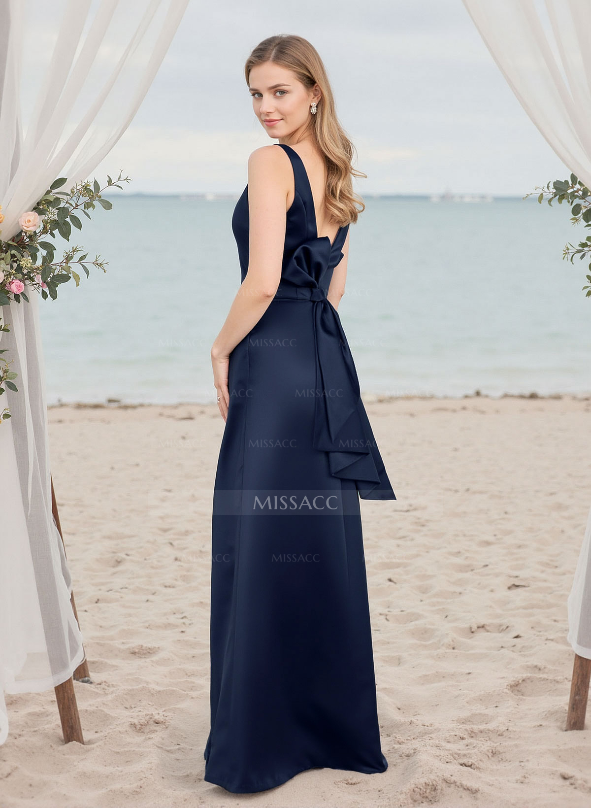 A-Line V-Neck Sleeveless Floor-Length Matte Satin Bridesmaid Dresses With Bow(s)
