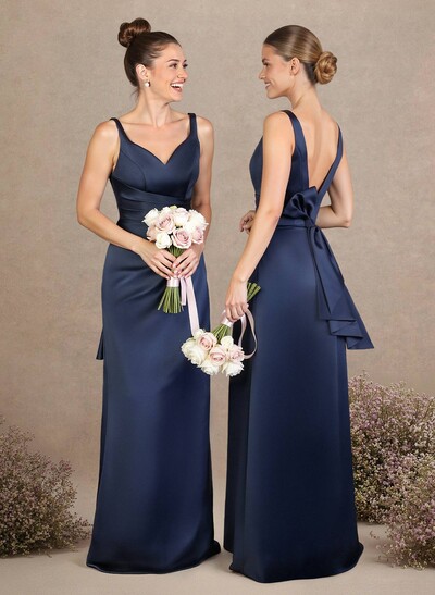 A-Line V-Neck Sleeveless Floor-Length Matte Satin Bridesmaid Dresses With Bow(s)