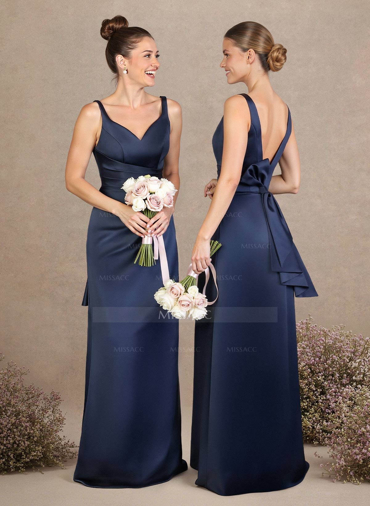 A-Line V-Neck Sleeveless Floor-Length Matte Satin Bridesmaid Dresses With Bow(s)