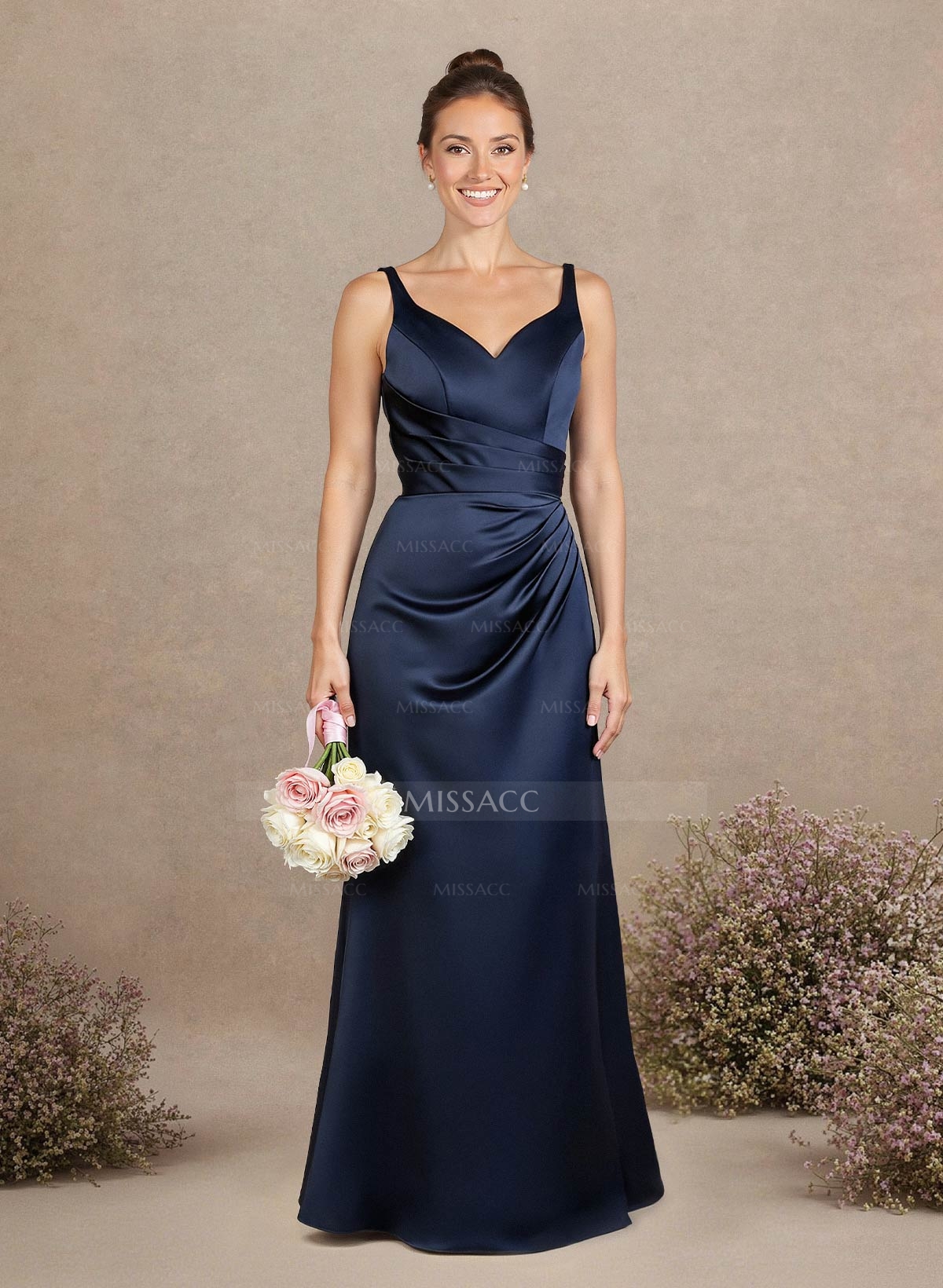 A-Line V-Neck Sleeveless Floor-Length Matte Satin Bridesmaid Dresses With Bow(s)