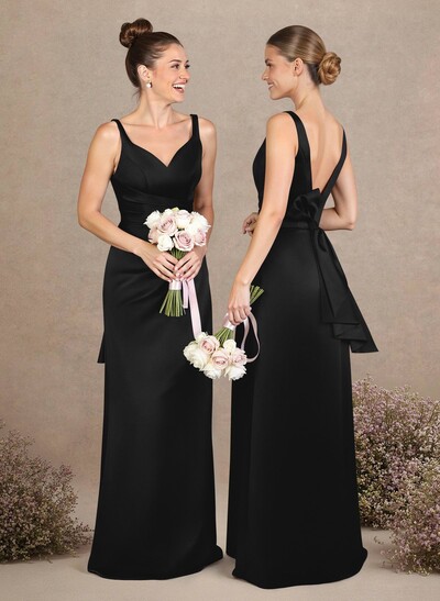 A-Line V-Neck Sleeveless Floor-Length Matte Satin Bridesmaid Dresses With Bow(s)