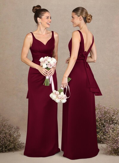 A-Line V-Neck Sleeveless Floor-Length Matte Satin Bridesmaid Dresses With Bow(s)